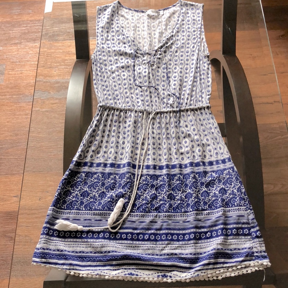 Miracle, white with blue print, sundress, size 8.